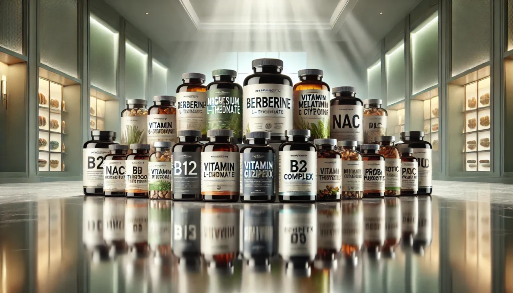 DALL·E 2025-03-16 14.20.39 - A professional product showcase displaying a variety of high-quality macrobiotic dietary supplements. The scene features an elegant, well-lit setup wi